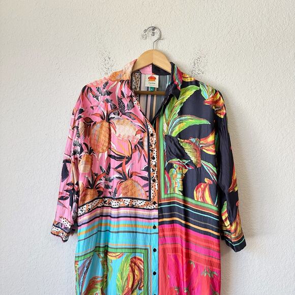 FARM RIO Scarf Mix Shirt Dress Multicolor Fruit Print 3/4 Sleeve Hippie - Picture 5 of 15